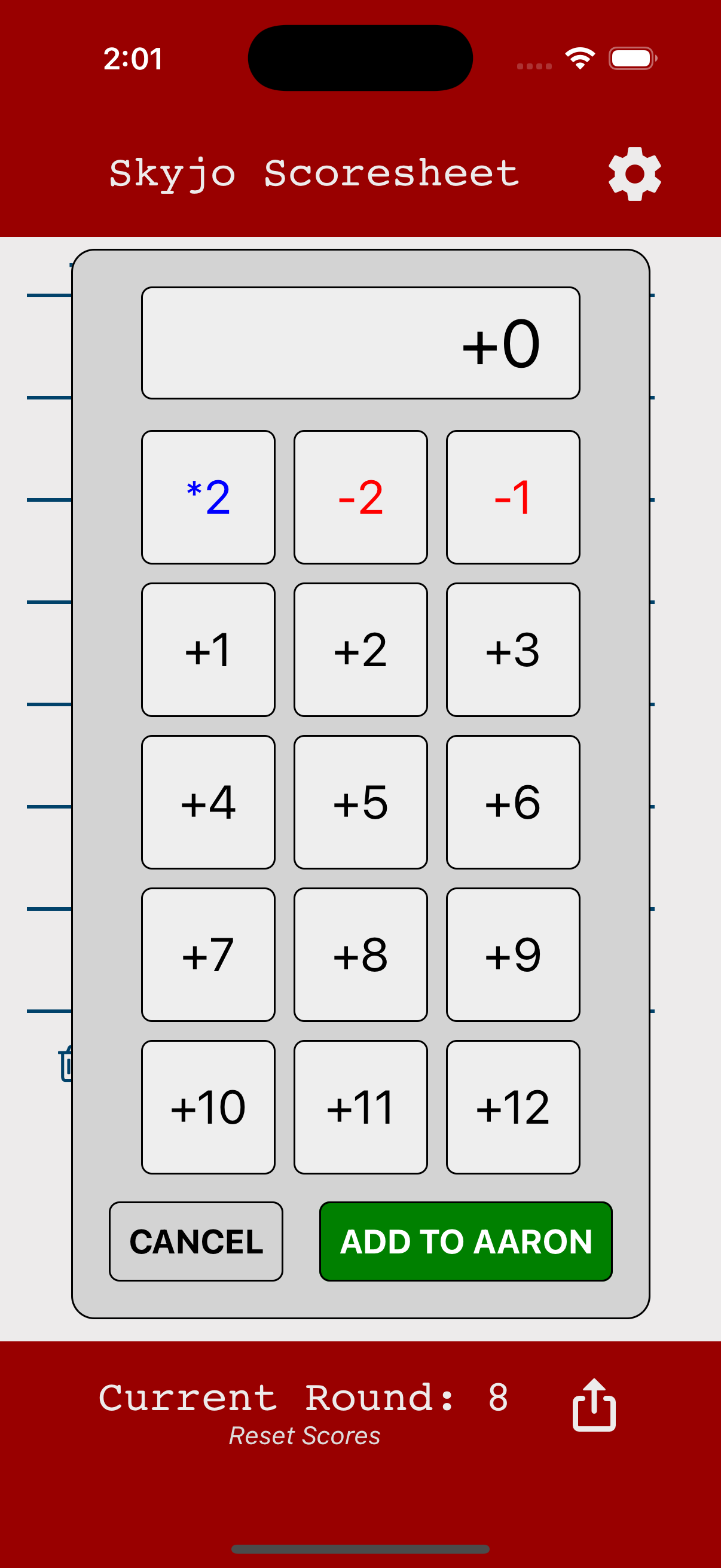 AddItUp calculator modal with Skyjo score buttons