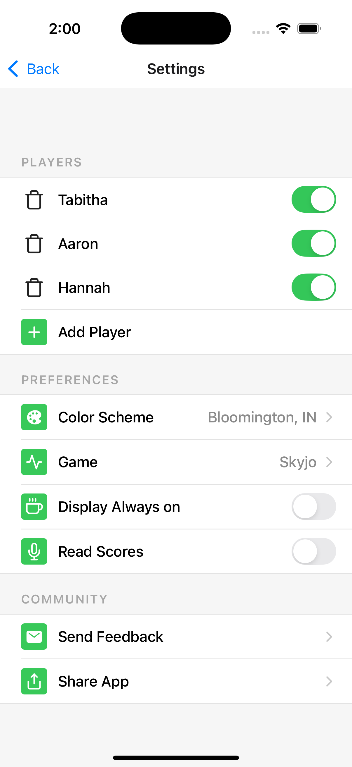 AddItUp settings showing players, color scheme, and preferences